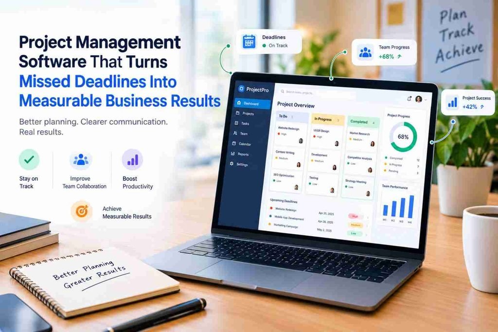 Project management software dashboard showing project tasks, deadlines, team progress, and business performance